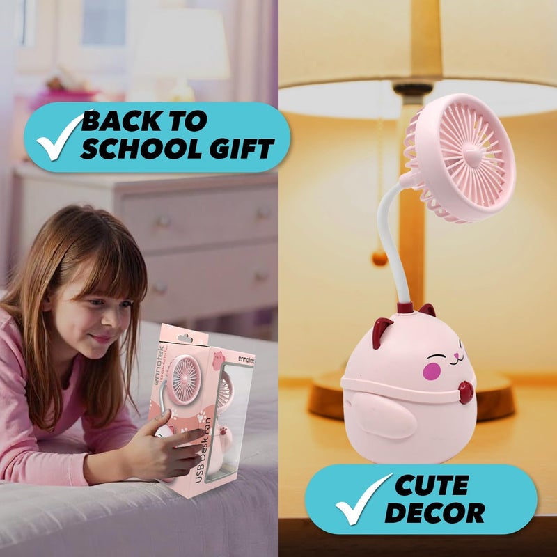 Ennotek Cute Cat Desk Fan with Pen Caddie – USB Plug‑In Table Fan with Strong Airflow & Small Backup Battery – Fun Office Desk Accessories for Home, School & Work (Pink Cat) - Image 5